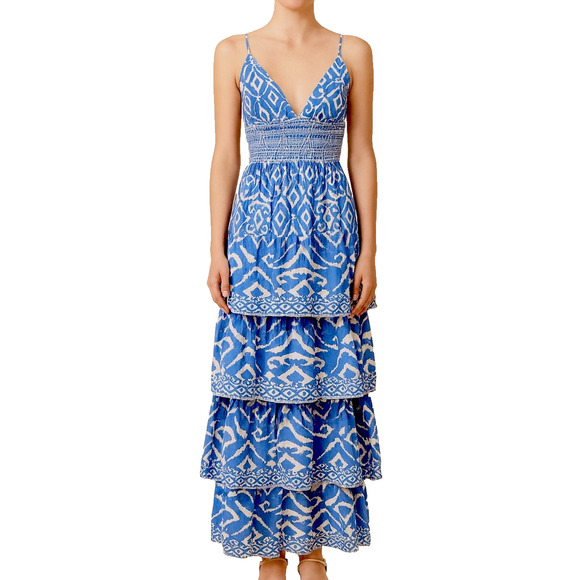 Caroline Constas Tiered Long Maxi Dress Tribal Print Size XS V Neck Sleeveless - Picture 1 of 11